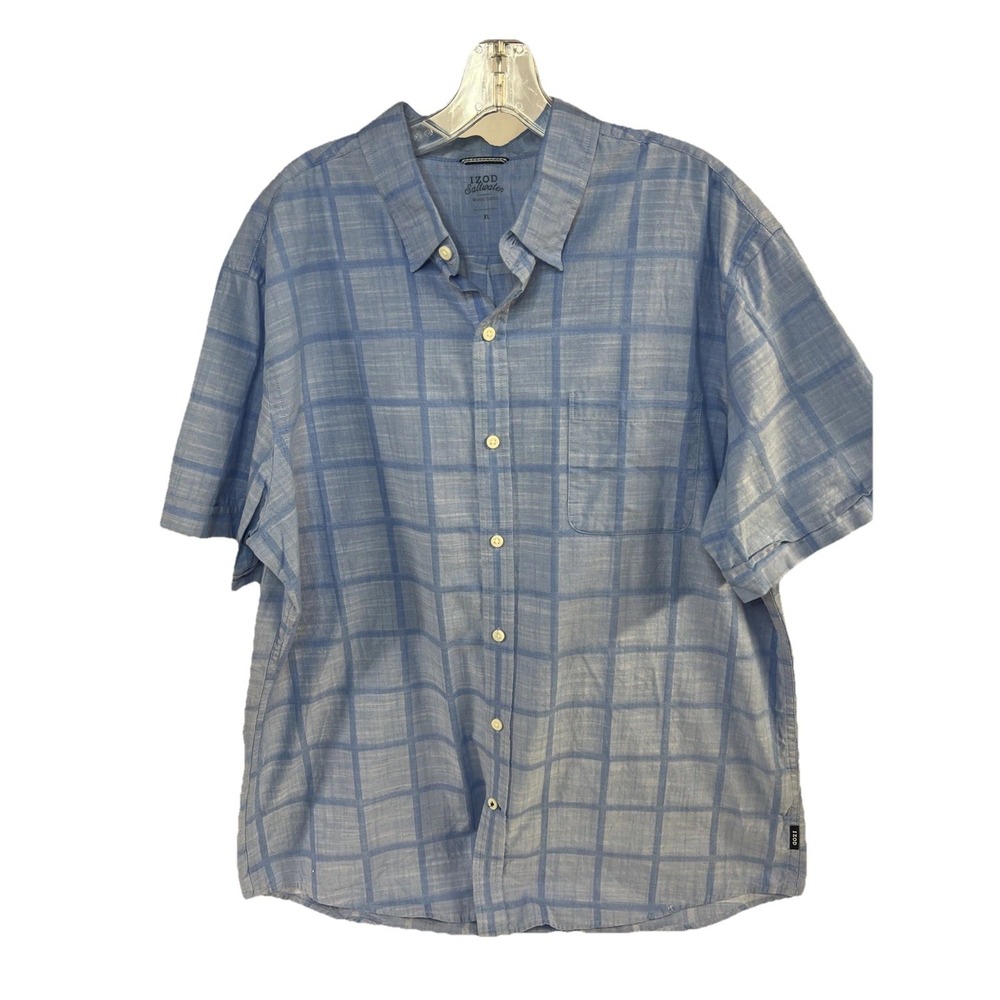 Izod Saltwater  Relaxed Classics Blue Short Sleeve Button Shirt XL Window Pane